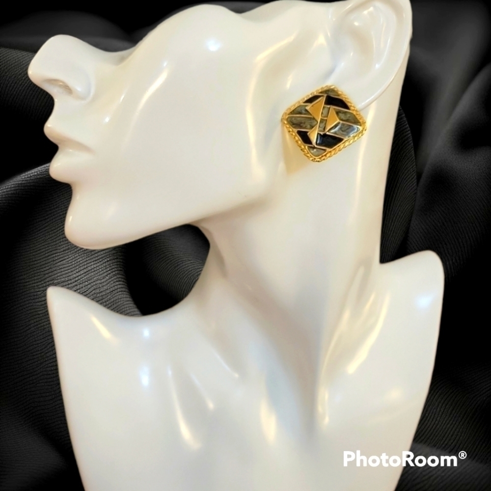 3/$30 Vtg Square Space Age Art Deco Mod Nautical Enamel Stud Earrings